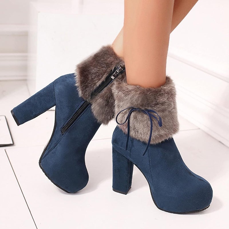 woobles Winter Boot for Women,Women Round Toe Platform Booties Ladies Cute Chunky High Heel Snow Ankle Boot Wedge Zipper Slip On Boot Causal Walking Dress Shoe (Blue, 7) - Image 3